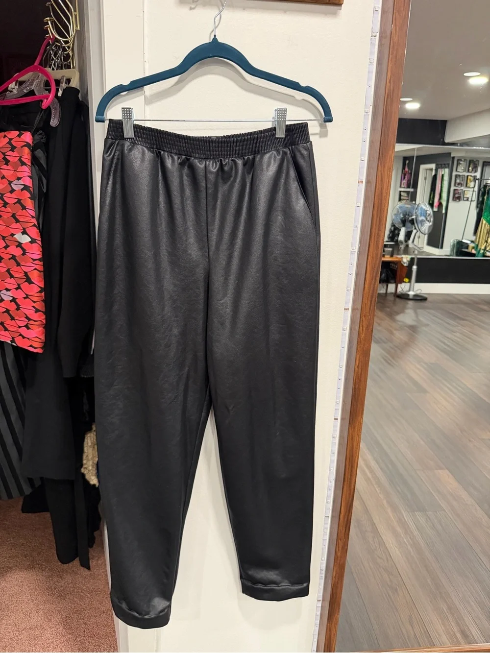 Women’s Black Faux Leather Jogger Pants - Elastic Waist